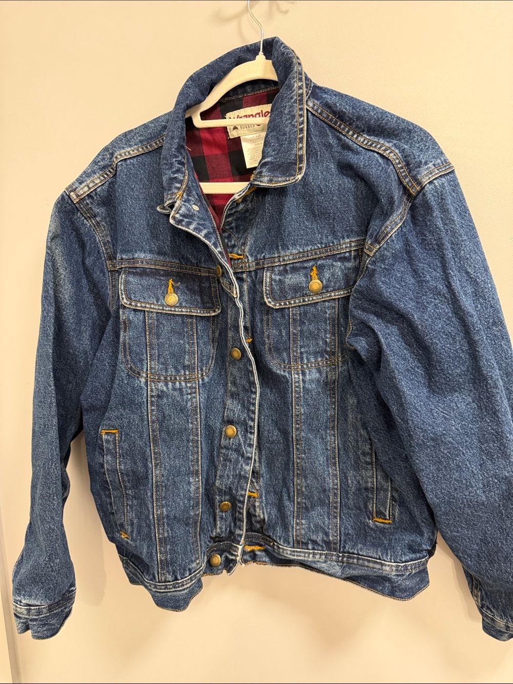 Wrangler Blue Denim Jacket with Red Plaid Lining